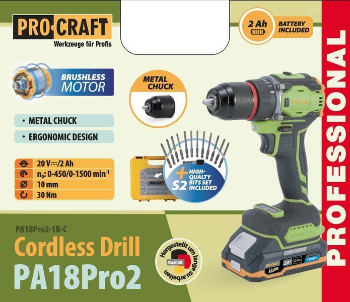 Шуруповерт Procraft PA18Pro2 (с 1 АКБ 2Ач) набор бит PR-001823 фото